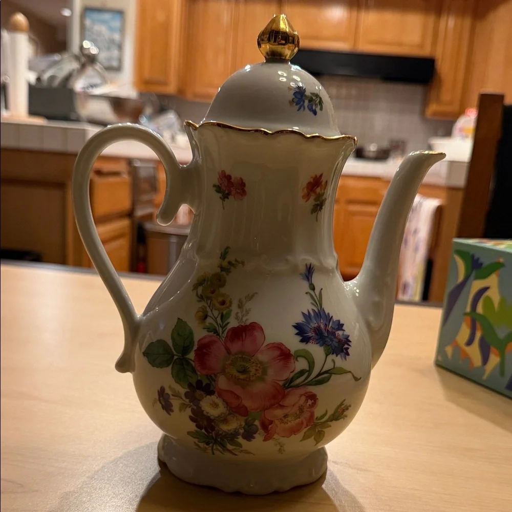 Vintage European Floral Coffee/Tea Pot with Gold Trim 10” tall